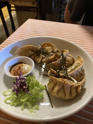 Golden dumplings   at Neko Vegan House in Penang