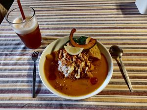 Curry and nutmeg drink at Neko Vegan House in Penang