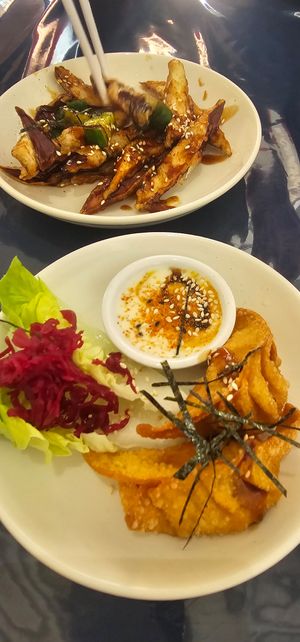 Golden spinach triangles. at Neko Vegan House in Penang