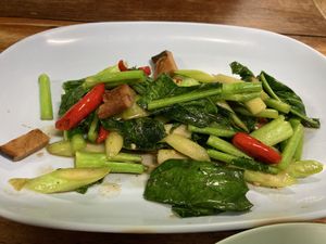 Kale and 'salted fish’ at Thammachat Vegetarian Food ธรรมชาติ อาหารเจ พัทยาเหนือ in Pattaya