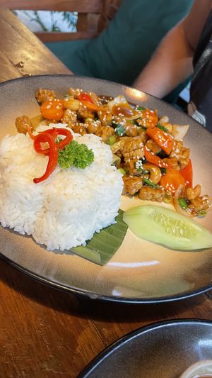 A main course with tempeh as vegan option  at Natnat Thai Comfort Food in Amed