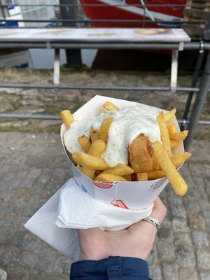 Fries with "fishy bites". Very "full" meal, but tasty. at Guidos Kutter 22 in Rostock
