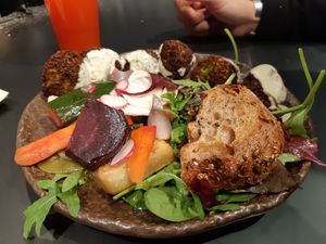 Falafel + roasted seasonal veggies at Honest Greens - Gran Via in Madrid