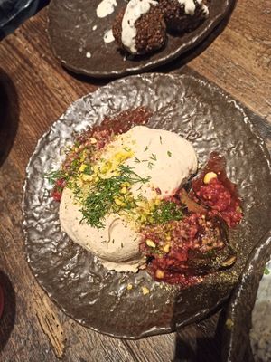 Eggplant with hummus and raspberry jam at Honest Greens - Gran Via in Madrid