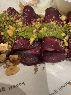 Beet ravioli   at Honest Greens - Gran Via in Madrid