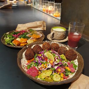 Vegan fallafel bowl (plus some non began option on top) at Honest Greens - Gran Via in Madrid