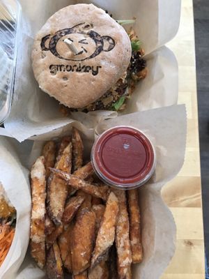 Bean Burger and sweet potato fries   at G-Monkey in West Hartford