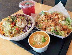 Tuna salad bowl, Caesar salad, creamy red pepper soup, sunshine tea, huge portions! at G-Monkey in West Hartford