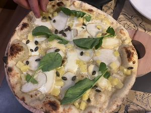 Pear pizza (added pineapple)   at À Terra Furnas in Sao Miguel