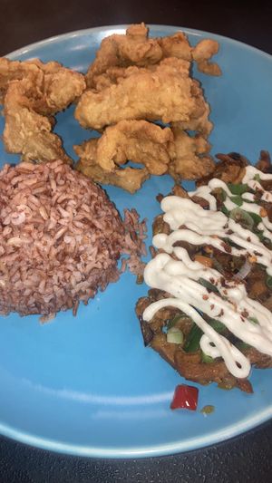 Fried chicken, sisig and rice!  at The Vegan Shack in Panglao