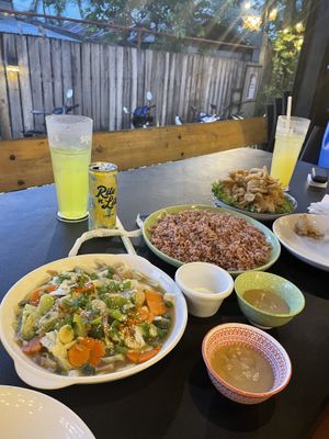 Chop suey, pink rice (which is natural red rice) and vegan fried chicken (fried oyster mushrooms)  at The Vegan Shack in Panglao