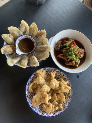 Vegan dumplings, vegan “beef” and broccoli and the fried "chicken”   at The Vegan Shack in Panglao