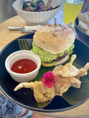 Burger, with surprise fried mushrooms (instead of listed potato wedges)  at The Vegan Shack in Panglao