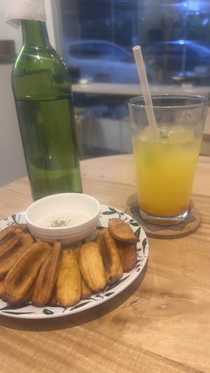 Fried banana+garlic souce and tumeric-lemon drink  at The Vegan Shack in Panglao