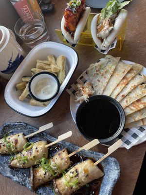 Tofu and Mushroom Bao’s, Eggplant Chips (what’s left of them), Mushroom Skewers and Chive Pancake. #Veganuary at Luna Chan in Moonah