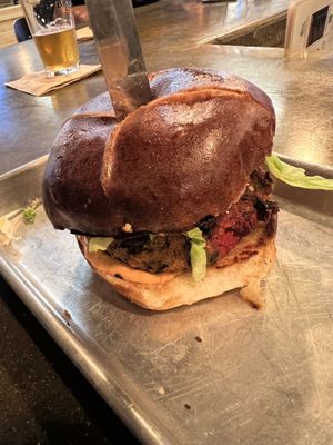 Veggie burger with pretzel bun  at Seward Brewing Company in Seward