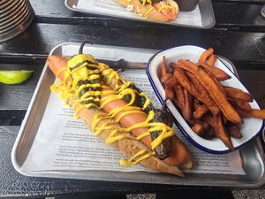 Vegan Moving Mountains Hotdog and Sweet potato Fries at Ambleside Tap Yard in Ambleside