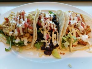soy curls, tempeh chorizo, and black bean tacos. at Living Well Bistro in Portland