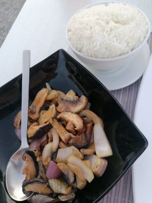 Stir fried mushrooms and rice at Twin Dragon Chinese Cuisine in Kos