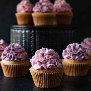 Custom Vanilla Cupcakes with Pink/Purple buttercream. at The Devil Wears Parsley Bakery in Columbia