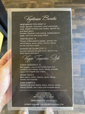 Vegan and vegetarian menu on back   at Cuco's Burritos in Redwood City