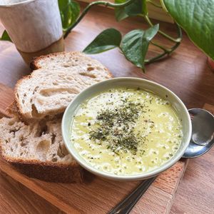 Homemade leek and potato soup with fresh sourdough bread at Lemon & Jinja in Romsey
