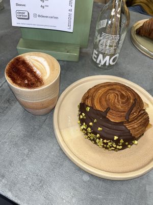 Latte and pastry  at Lemon & Jinja in Romsey