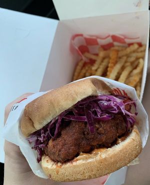 Hot chicken sandwich during the peach and pine pop up  at Hot Chicken Mama in Blue Point