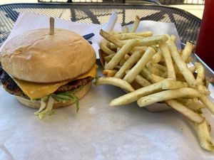 Samosa Burger with added cheese, and herbed fries  at Green Grill in Rancho Cordova