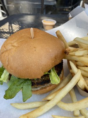 Chickpea burger and fries  at Green Grill in Rancho Cordova