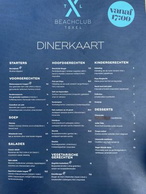 Dinner menue  at Beach Club Texel - Maybe closed in De Koog