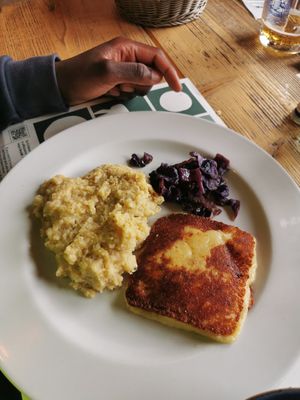 Traditional Friuli cheese (cow milk) with polenta (maizemeal) at Rifugio Tamai in Sutrio