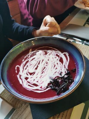 Vegetarian veluté of beetroot (not vegan) at Rifugio Tamai in Sutrio
