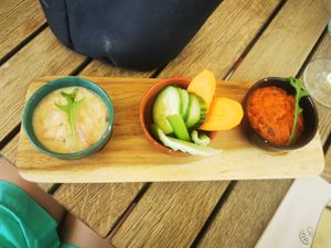 Eggplant cream and zakuska (bean spread) with vegetables at Malom és Kacsa in Tata