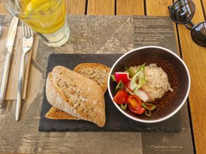 Vegan körözött (traditional Hungarian cottage cheese spread) with toasted bread and veggies, April 2025 at Malom és Kacsa in Tata
