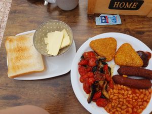This was the standard breakfast but there is an option to go large. Vegan butter and oat milk for my brew 😊 at The English Bakery Cafe in Gran Canaria