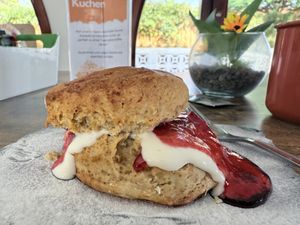 Scone with strawberry jam and vegan “cream” topping. 🍓  at The English Bakery Cafe in Gran Canaria