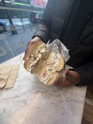 Everything bagel with tofu scallions schmere  at Ess a Bagel - W 32nd in New York City