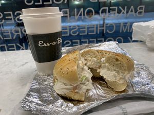 Everything bagel with veggie tofu schmear and oat chai lattee  at Ess a Bagel - W 32nd in New York City