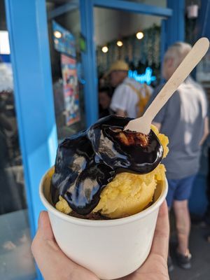 Mango and passion fruit sorbet, chocolate and blood orange sorbet with dark chocolate sauce, for £5 at Scoops in Herne Bay