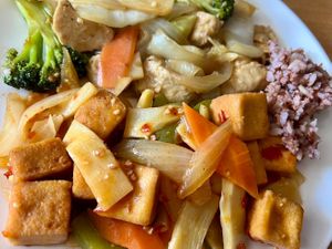 Tofu in Szechuan sauce & vegan chicken with vegetables  at Eastern Feast in Aberdeen