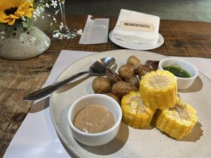 Corn and potatoes with pesto and mustard sauces  at Arte e Bistro Cafe in Rio De Janeiro