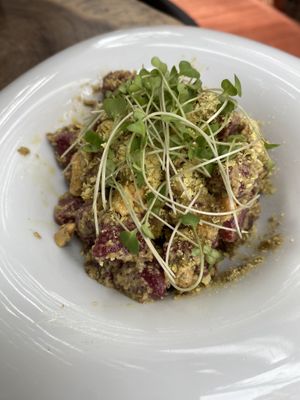 Beet gnocchi   at Agni Vital Kitchen in Bacalar