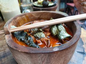 Ramen Tom Yum (lot more noodles underneath mushrooms, not seen in photo) at Agni Vital Kitchen in Bacalar