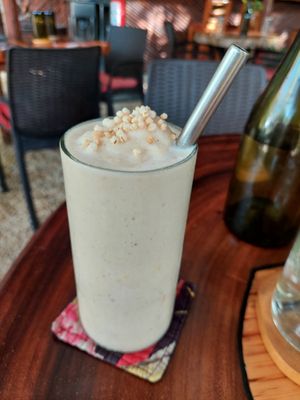 Banana peanut smoothie 105 pesos at Agni Vital Kitchen in Bacalar