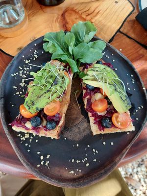 Avocado toast 185 pesos at Agni Vital Kitchen in Bacalar