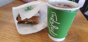 Oat milk latte and vegan mushroom pie at Gregory's in Rhodes