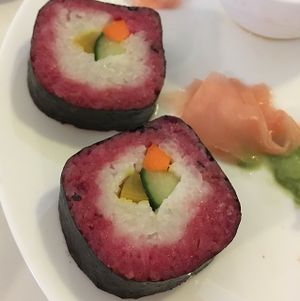 The sushi on offer - not as pictured, gummy texture, and way too sweet.  at Loving Hut - Zborovska in Prague