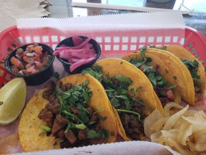 Vegan street taco sampler. at Dos Tacos in Seoul