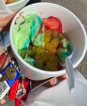 Apple sorbet/frozen yoghurt with fruit and popping balls  at Frurt in Prestwich
